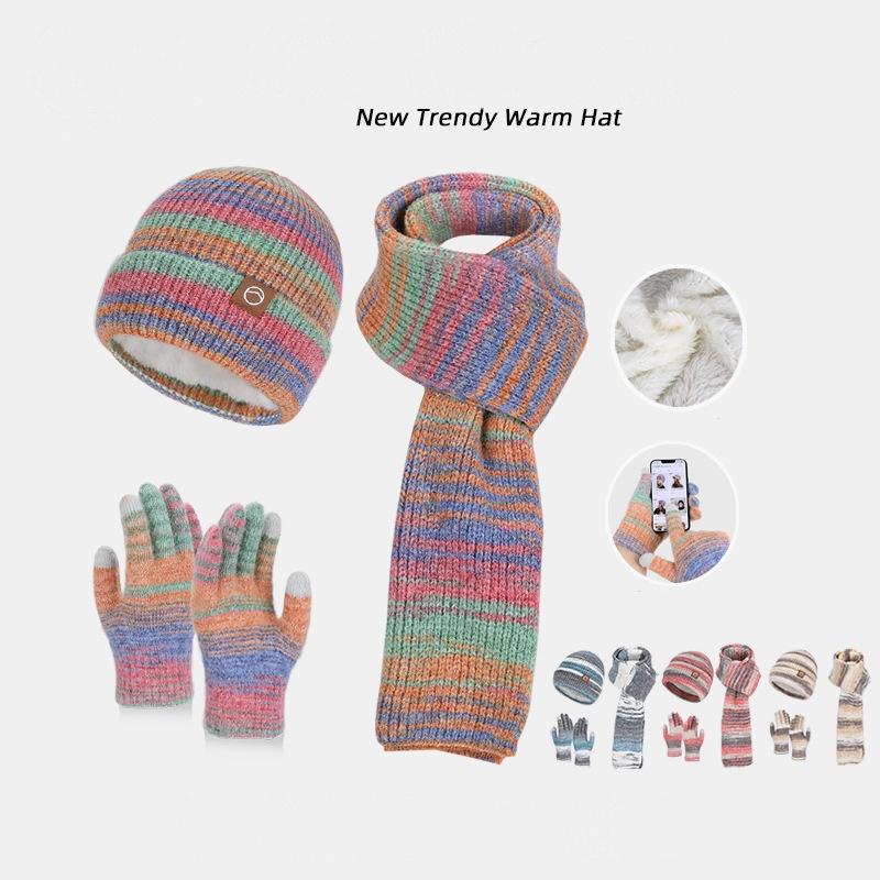 Winter Warm Hat Scarf 3-Piece Set Outdoor Cycling Cold Proof Touchscreen Knitted Gloves