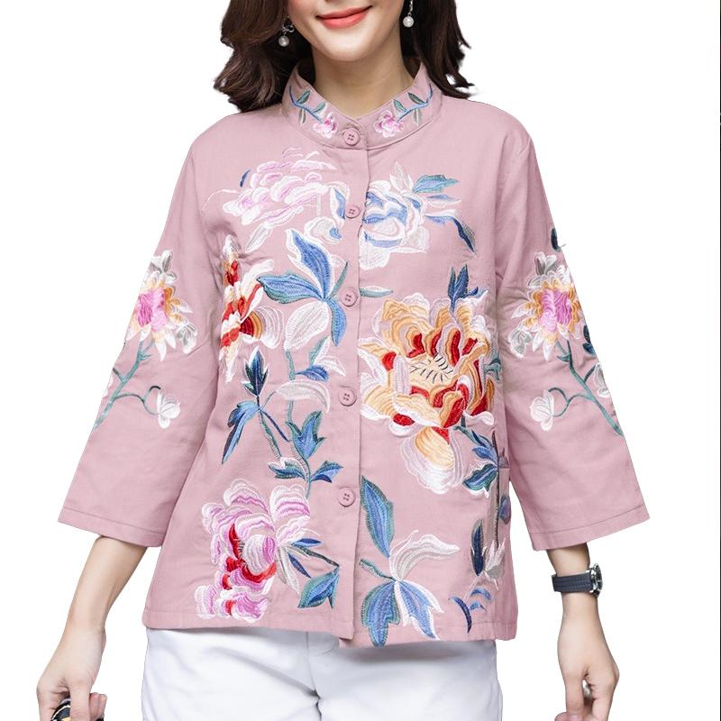 ZANZEA Women Stand Collar Loose Casual 3/4 Sleeve Floral Blouse