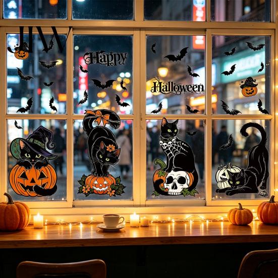 Seasonal Window Adsorption 4 Sheets Halloween Black Cat Clings, Spooky Pumpkin Reusable Sticker Sticker, Double Sided Static Decals for Glass