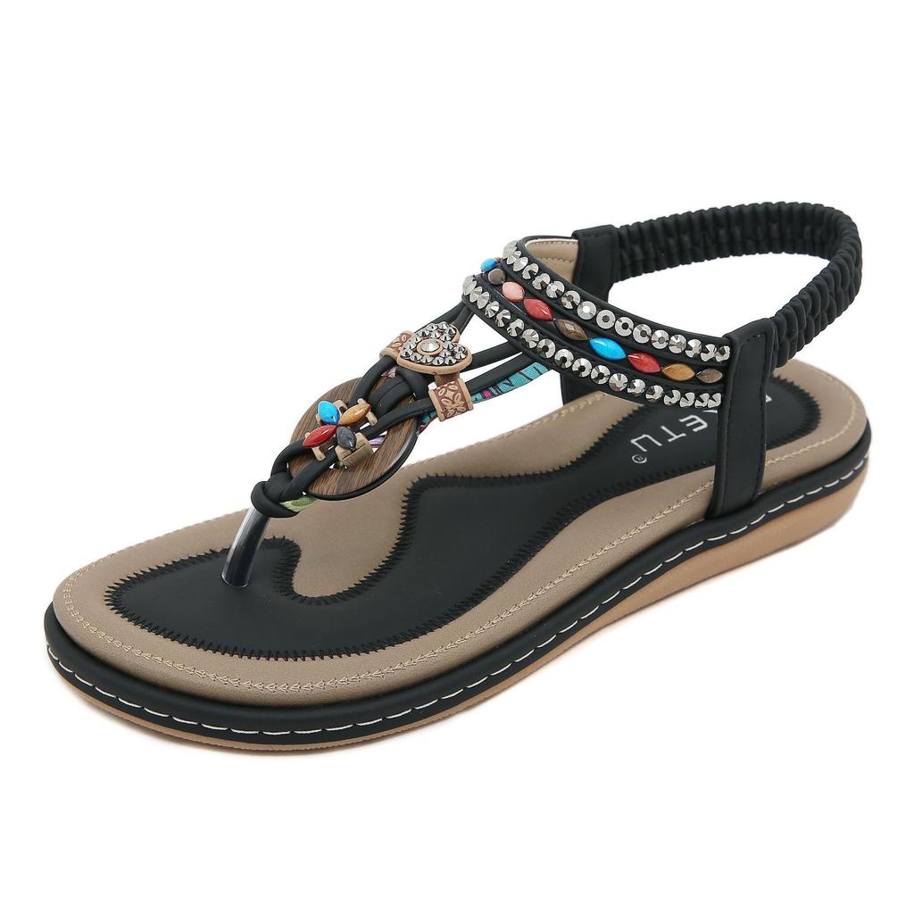 Casual Fashion Wooden Bead Buckle Rhinestone Flat Sandals Women Thailand Seaside Beach
