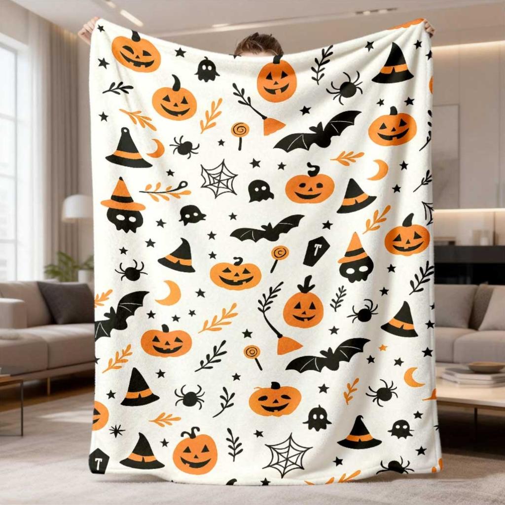 1pc Flannel Blanket | Spooky JackO'Lanterns, Witch Hats, Bats, Ghosts | Soft Polyester, All-Season Decorative Throw for Bed, Sofa, Camping, Parties |