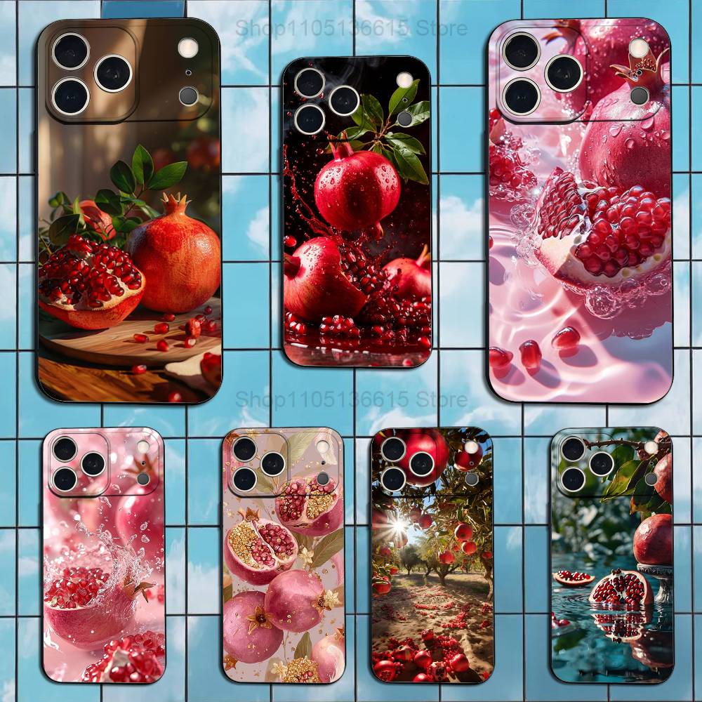 Вкусный Фруктовый Чехол Гранат Для iPhone 11,12,15,14,13,16,17,Plus,Pro Max,XS,X,XR,SE,Mini,8,7,Мягкий Силикон Черный