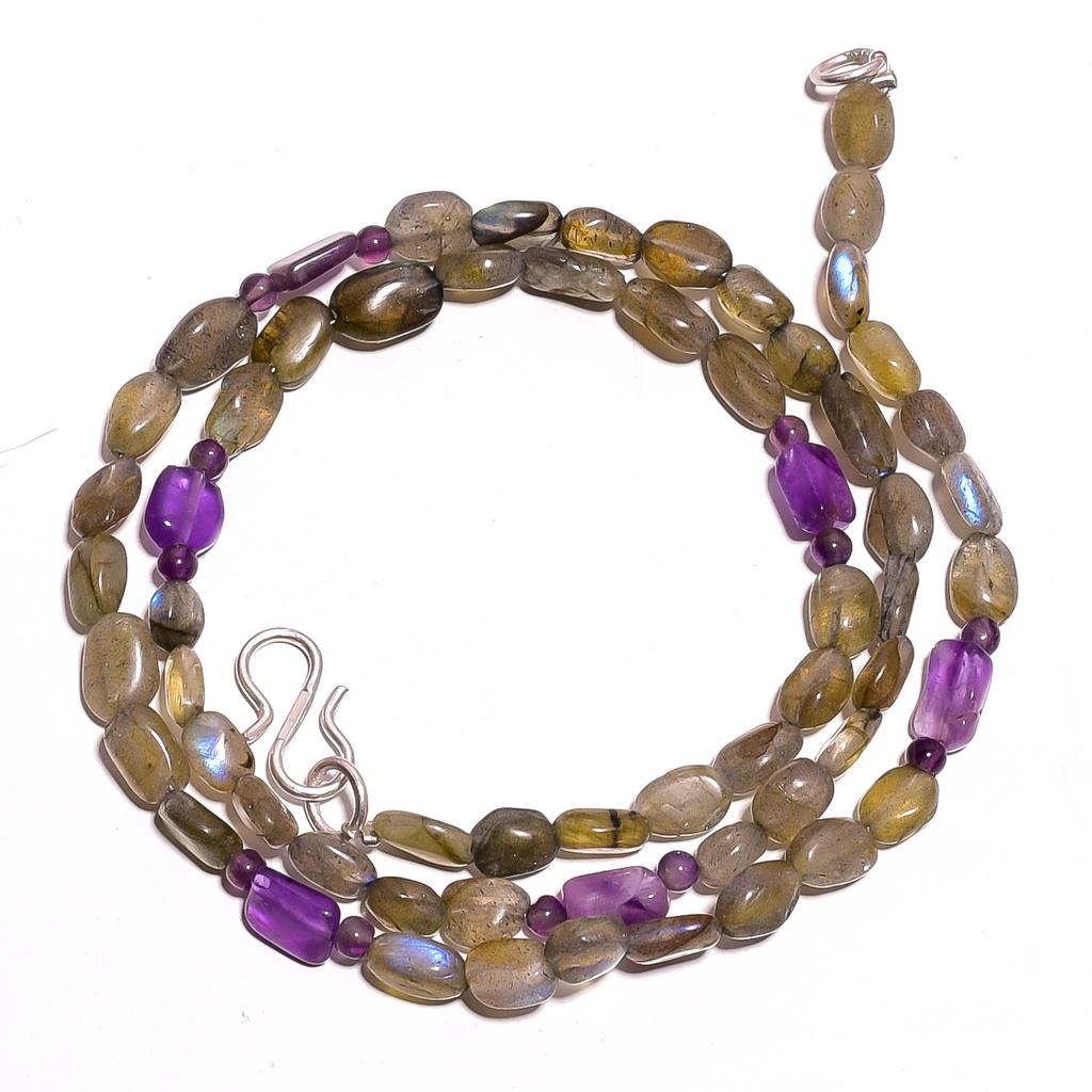 Natural Labradorite Amethyst Gemstone Mix Shape Smooth Beads Necklace 17" UB2997 UB-2997