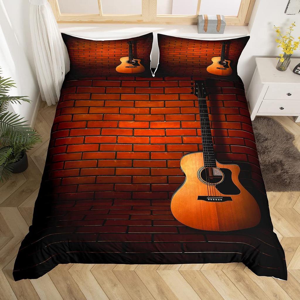 Retro Guitar Wood Grain Three-Piece Duvet Cover 3D Digital Printing Bedding Home Textile