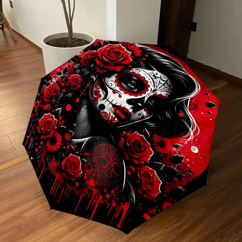 1PC Day of the Dead, Sugar Skull Umbrella-8-Rib Reinforced, Automatic Open, Lightweight & Durable, Fashion Accessory for Outdoor, H0380