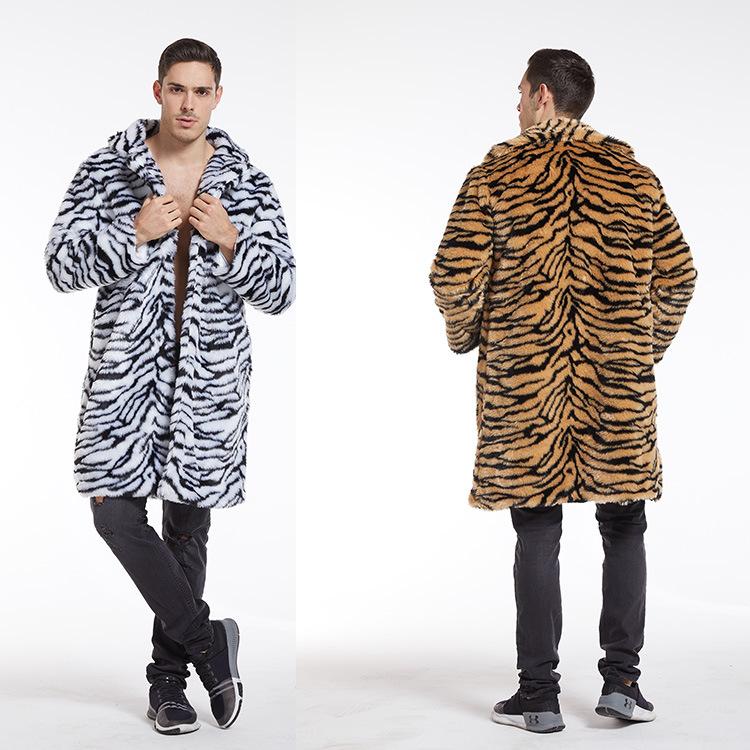 Autumn and Winter New Men's Faux Fur Coat Tiger Pattern Long Coat Fashion Trendy Men's European and American Large Sizes