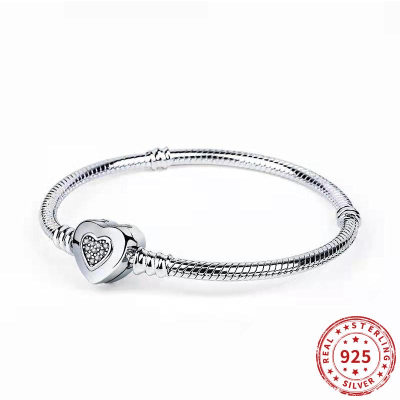 Real 925 Sterling Silver Crystal Heart Clasp Snake Chain Bracelets Fit Original Pan Bead Charm Women Bracelet Jewelry