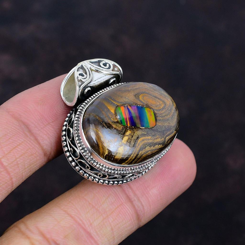 Эфиопский опал в кулоне из валунного опала, кулон с драгоценным камнем, кулон из стерлингового серебра 925 пробы, кулон ручной работы, подарки для жены, прекрасные винтажные украшения