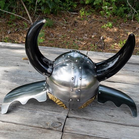 Viking Leader Horned Helmet - Medieval 18 Gauge Steel Unlined Fictional Prop Helmet W/ Real Buffalo Horns