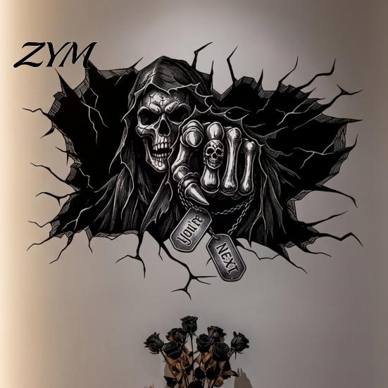 Quick Halloween Scene Transformation 3D Wall Decal, Breakout Illusion Sticker with Skull Ghost, Spooky Removable Broken Monster Decals Room Decor for