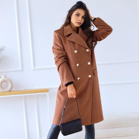 Women Winter Overcoat Turn-down Collar Pockets Pure Color Double-breasted Cardigan Loose Fit Coat