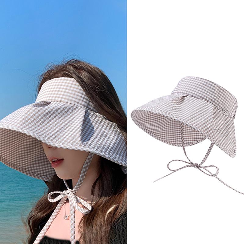 Летняя клетчатая шляпа от солнца, складная, с широкими полями, с пустым верхом, пляжная шляпа, дышащая, с защитой от ультрафиолета, для женщин, солнцезащитный козырек