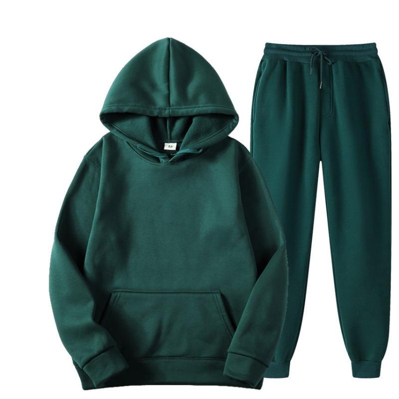 Autumn Winter Solid Color Sportswear 2-piece Hooded Sweatshirt Sweatpants with Plush Loose Casual Sweatshirt Set