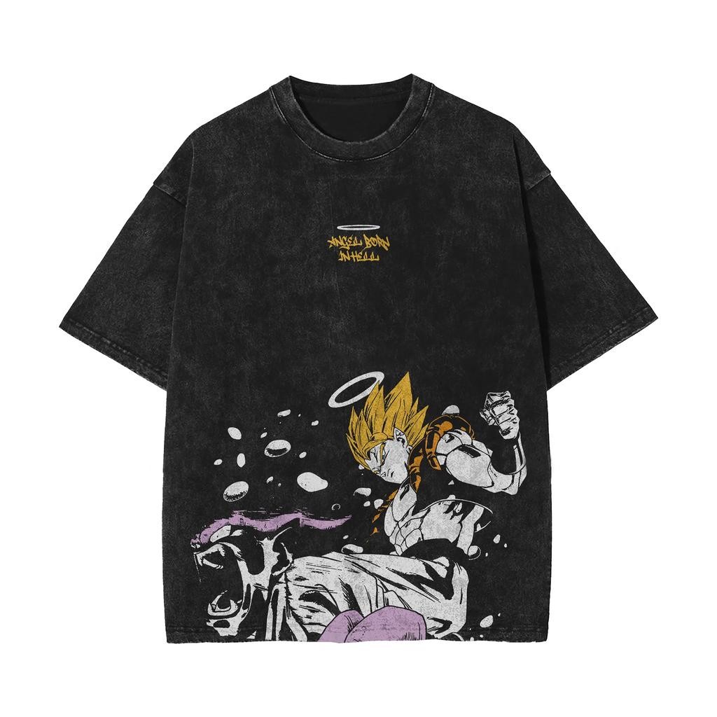 Gogeta T Shirt Men Acid Wash Oversized Anime Janemba Fight Cotton Vintage Gym Streetwear Angel Born In Hell Graphic Tee Top