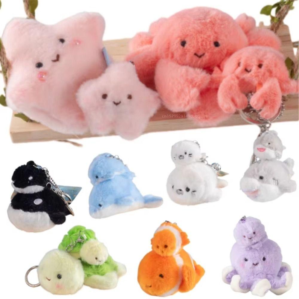 Mom-child Sea Animal Plush Key Holder Dolphin Seal Keychain Creative Shark Crab Pendants Bag Charm