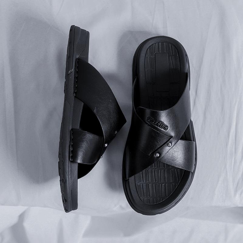 Модные летние мужские сандалии из натуральной кожи, пляжные сандалии, резиновая подошва, мягкие черные тапочки с толстой подошвой, мужские римские сандалии