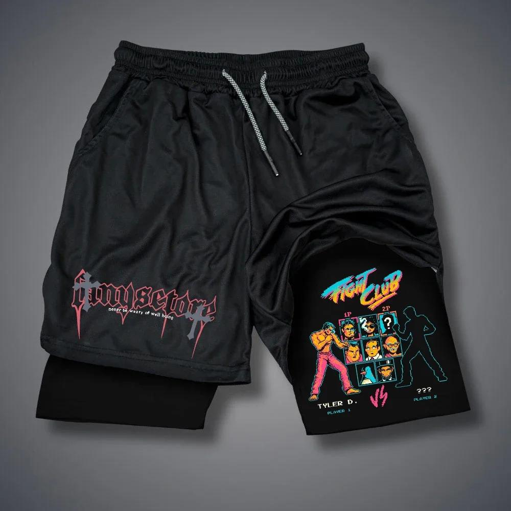 Men 2 In 1 Sports Shorts Gothic Pattern Short Pants Fitness Running Pant Sportswear Casual Shorts Summer Drawstring Jogging Pant