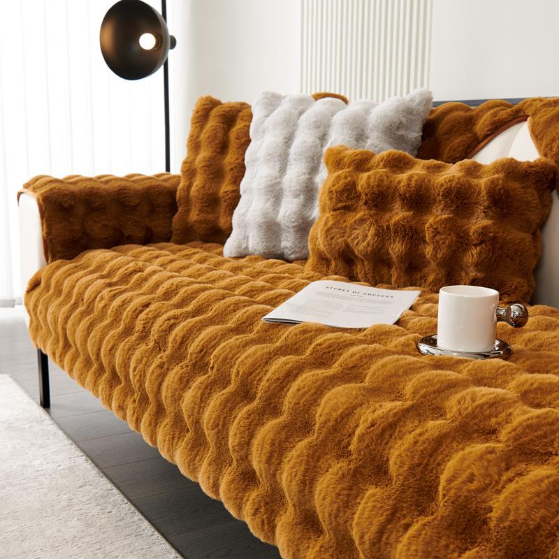 Winter Thickened Rabbit Plush Sofa Cushion Solid Colour Warm Sofa Cover Non-Slip Living Room Decorative Sofa Soft Backrest Towel