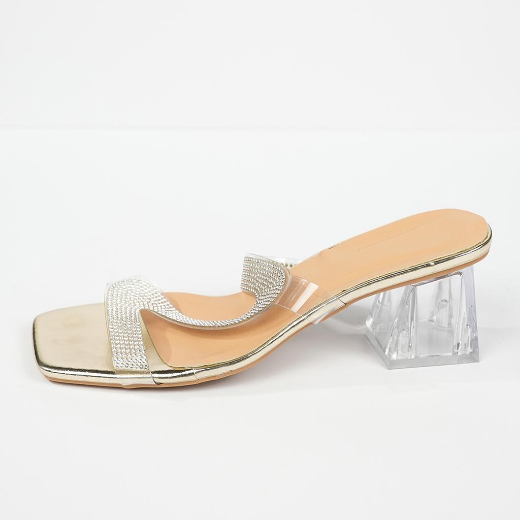 Women's Rhinestone Transparent Chunky Heel Sandals Slip-On Open Square Toe Crystal Block Heel Fashion Slides Party Wedding High Heels Slippers
