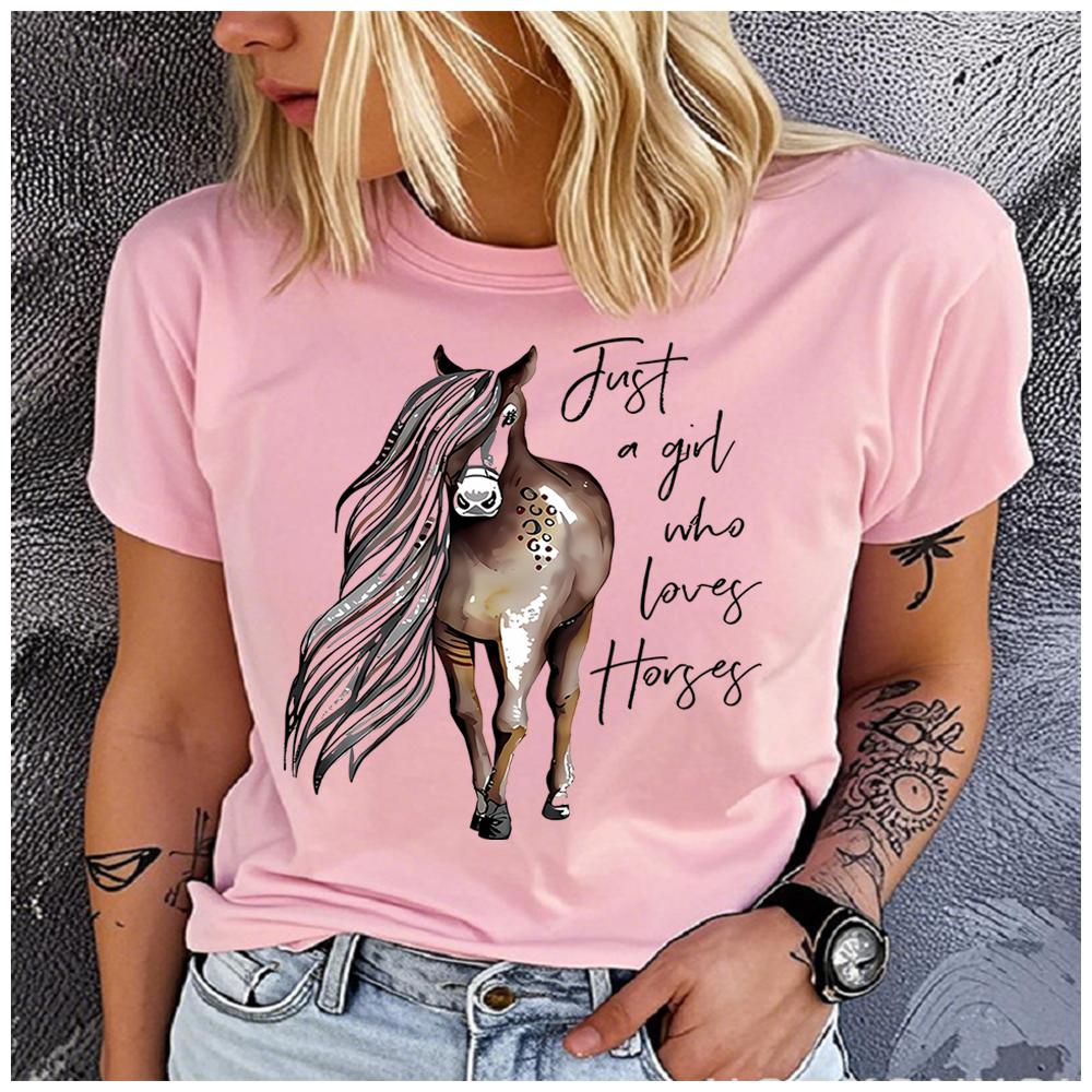 Unisex 100% Polyester Summer Top Just a girl who loves Horses Print Loose round Neck Short Sleeve Fashion for Lovers
