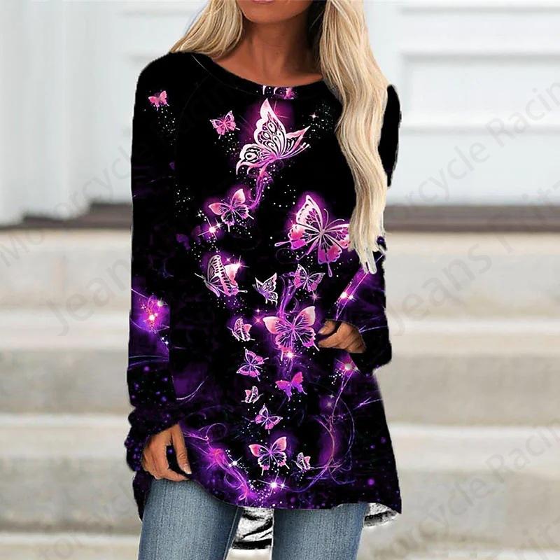 Футболка с длинным рукавом и принтом бабочки 3D, женская мода, длинная туника с круглым вырезом, женская осенняя одежда с изображением животных, женские топы в стиле Y2k