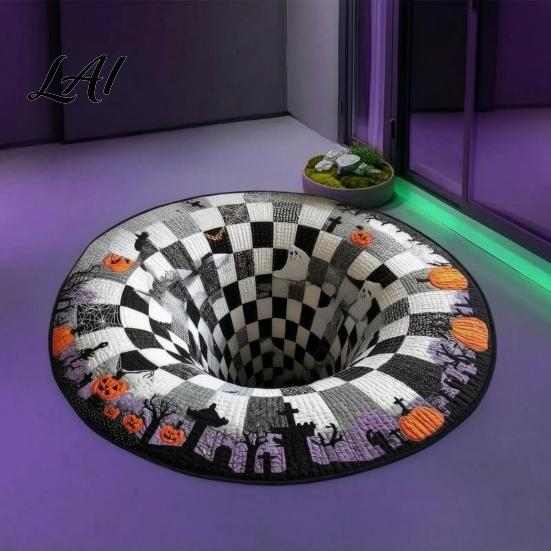Festive Indoor Party Entrance Mat 3D Halloween Rug Bottomless Pit Illusion Quilted Look Floor Spooky Living Room Decor Mat Non-Slip Area Rug