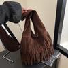 Women Frosted Slouchy Hobo Bag Faux Suede Tassel Shoulder Bag Large Capacity Vintage Tote Bag Ladies Commute Bag