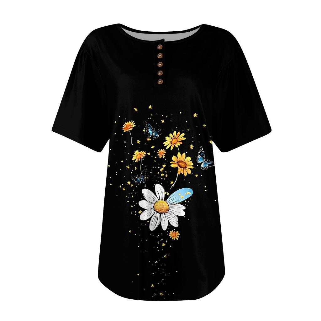 Женский модный повседневный короткий рукав пуловер с принтом на пуговицах и круглым вырезом