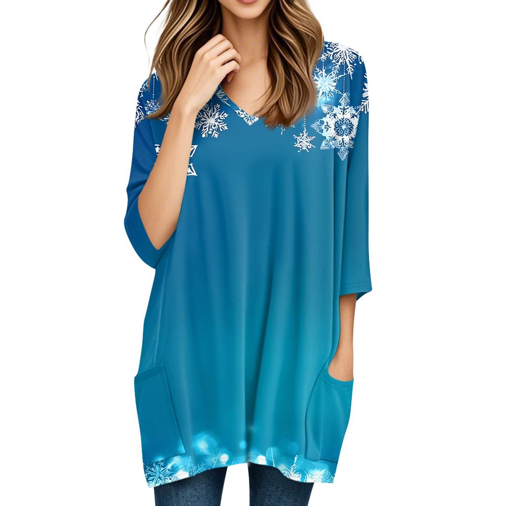 Womens Tops V-neck 3/4 Sleeve Blouses Casual Mid-length Shirts Fashion Christmas Print Tunic Tops With Pockets
