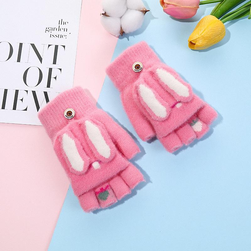 Winter Children's Knitted Finger Gloves for Boys and Girls, Warm and Piled Thickened Cartoon Half-finger Flip-top Writing Gloves