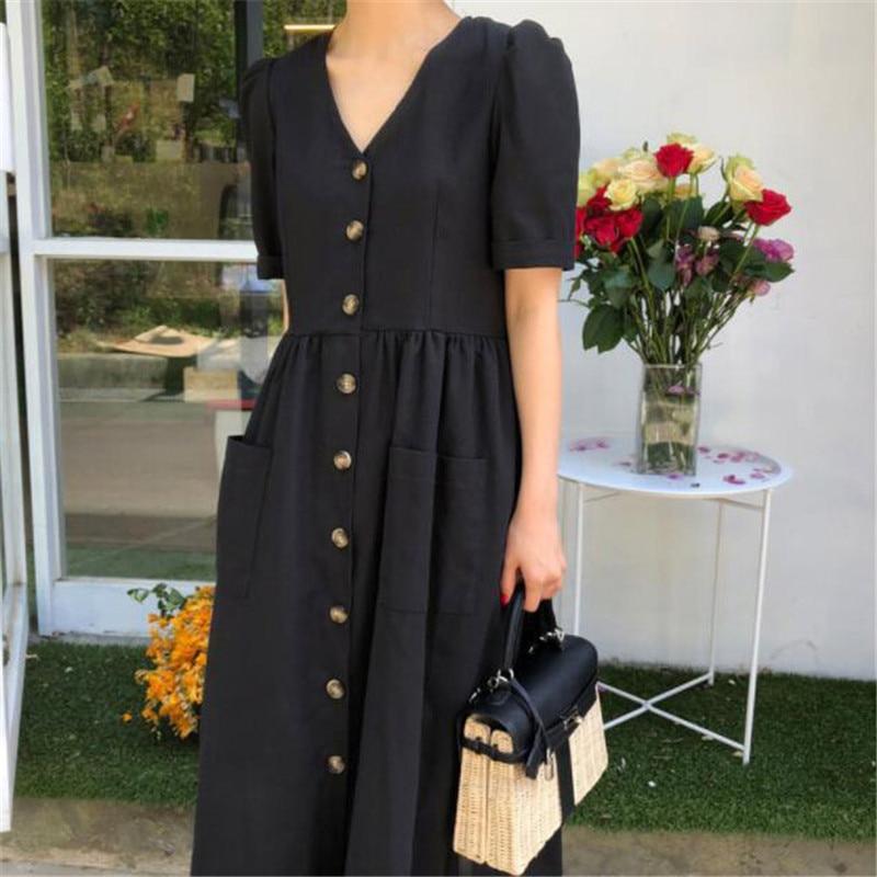 Свободное женское платье, летнее, повседневное, однотонное, однобортное, с карманами, женские платья