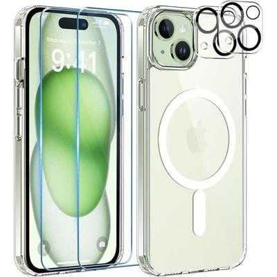 Чехол со встроенным магнитным кольцом для iPhone 15 PLUS и 2 Закаленных стекла для экрана и 2 Защиты для камеры Phonillico®