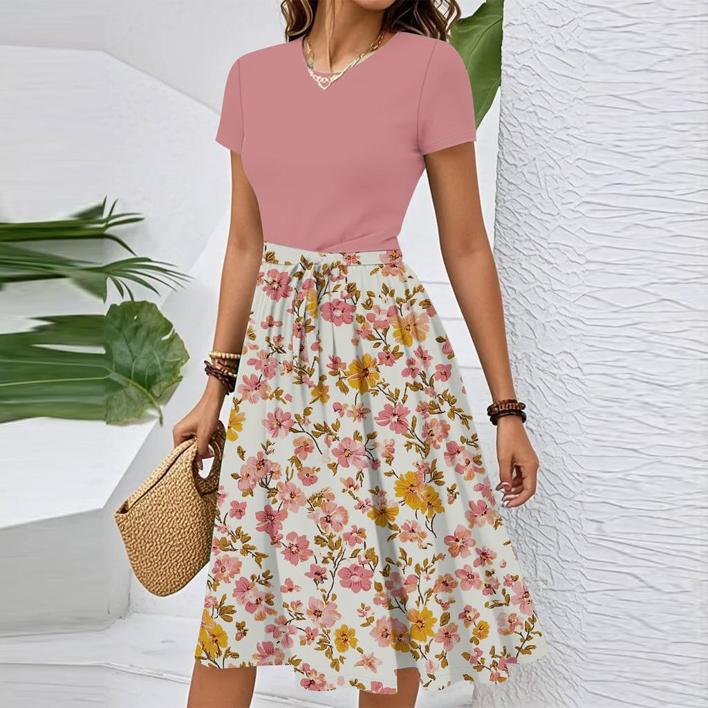 Women's Casual Fashion Belted Floral Printed Short Sleeve Round Neck Elegant Flowing Dress