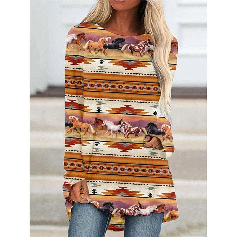 Футболки с длинным рукавом с принтом Western Aztec Ethnic 3D, богемные женские винтажные модные футболки, свободные уличные женские футболки, топы