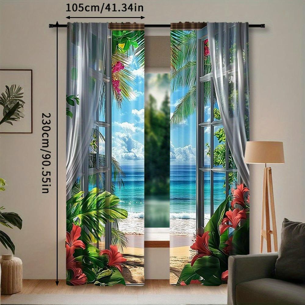 2 pieces of modern landscape printing curtain-rod pocket design easy to hang window curtain for home decoration