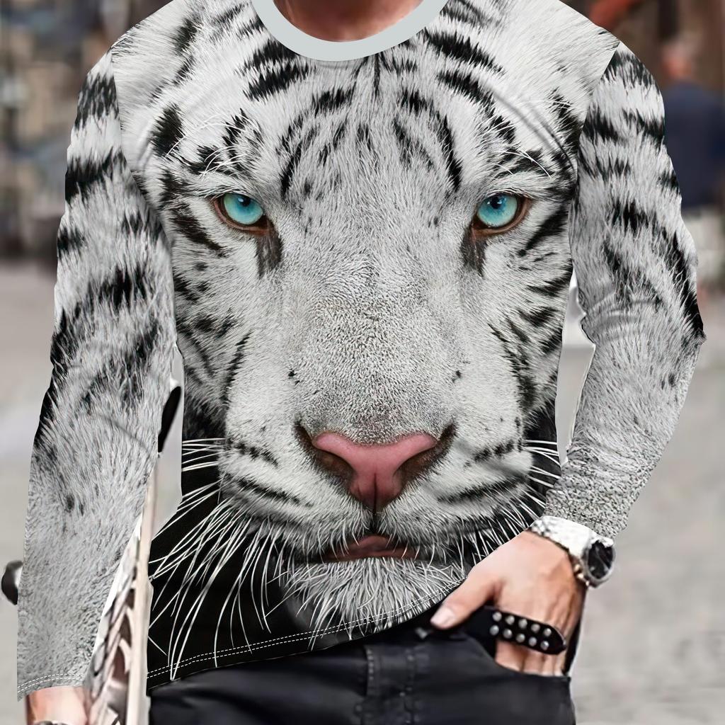 3D Digital Cool White Tiger Print T-shirt For Men Long Sleeve Crew Neck Tee Spring Fall Fashion Top For Outdoors Activities