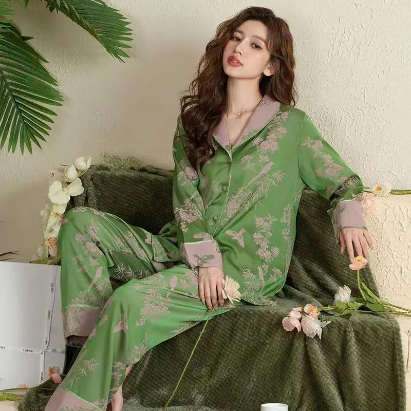 Шелковые пижамы для женщин с длинным рукавом, комплект из топа и длинных брюк, домашняя одежда, напечатанная вечерняя пижама