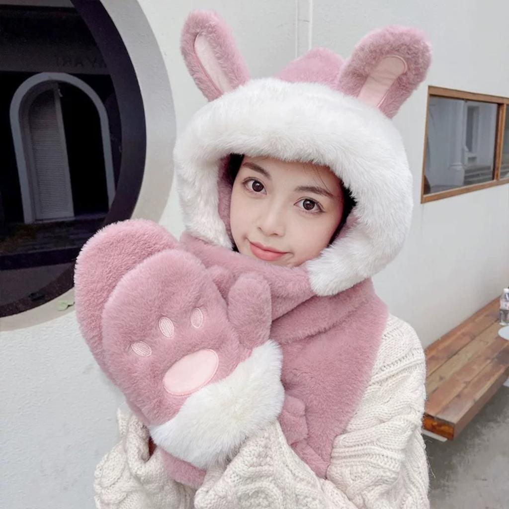 Women's Winter Hat, Scarf, And Gloves All-in-One Cute Three-Piece Set