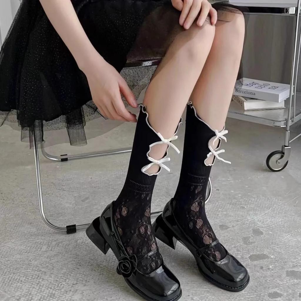 Lolita Ik Hollow Socks Women'S Spring And Summer Thin Sweet Medium Tube Socks Double Lace Bow Calf Socks