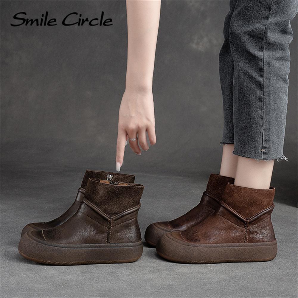 Женские ботинки из натуральной кожи, ботильоны с круглым носком и боковой молнией, модная повседневная обувь на массивном каблуке