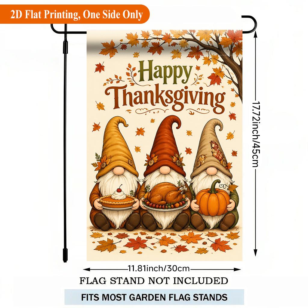 Three Gnomes Celebrate Thanksgiving Single Sided Garden Flag - Single-Sided, Polyester, Outdoor Yard Decor
