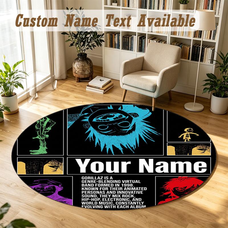 Gorillaz Personalized Round Rug Support Custom Name, Soft Home Decor Mat