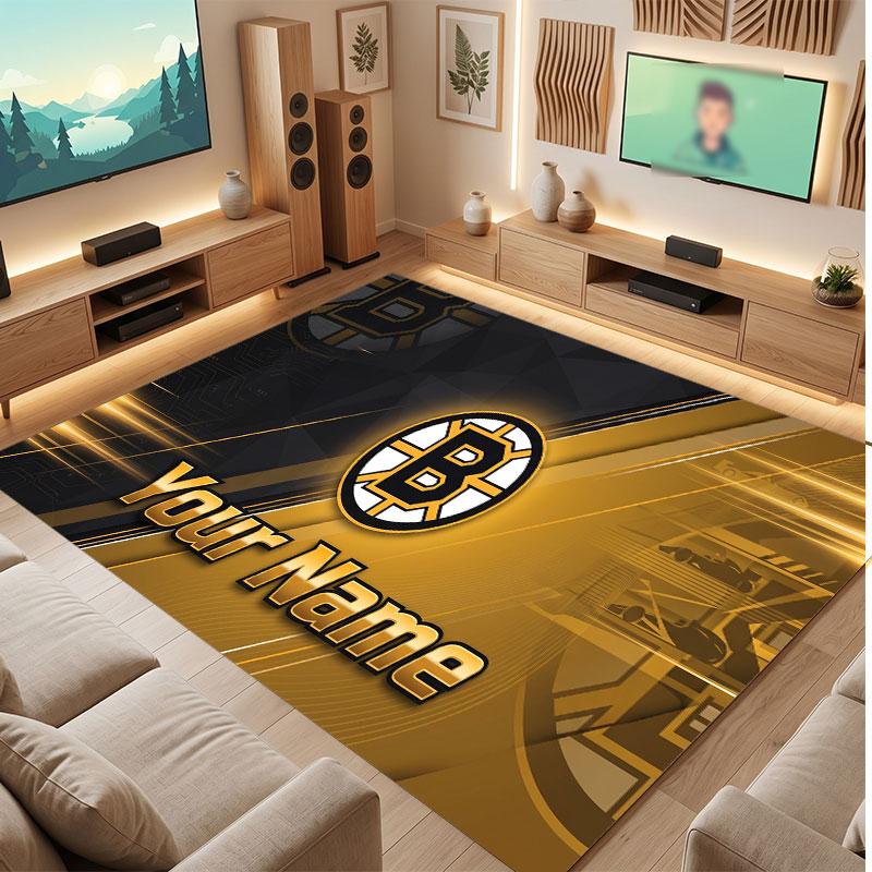 Boston Bruins Personalized Crystal Velvet Carpet, Customized Name Text Soft Anti‑Slip Rug for Living Room Bedroom