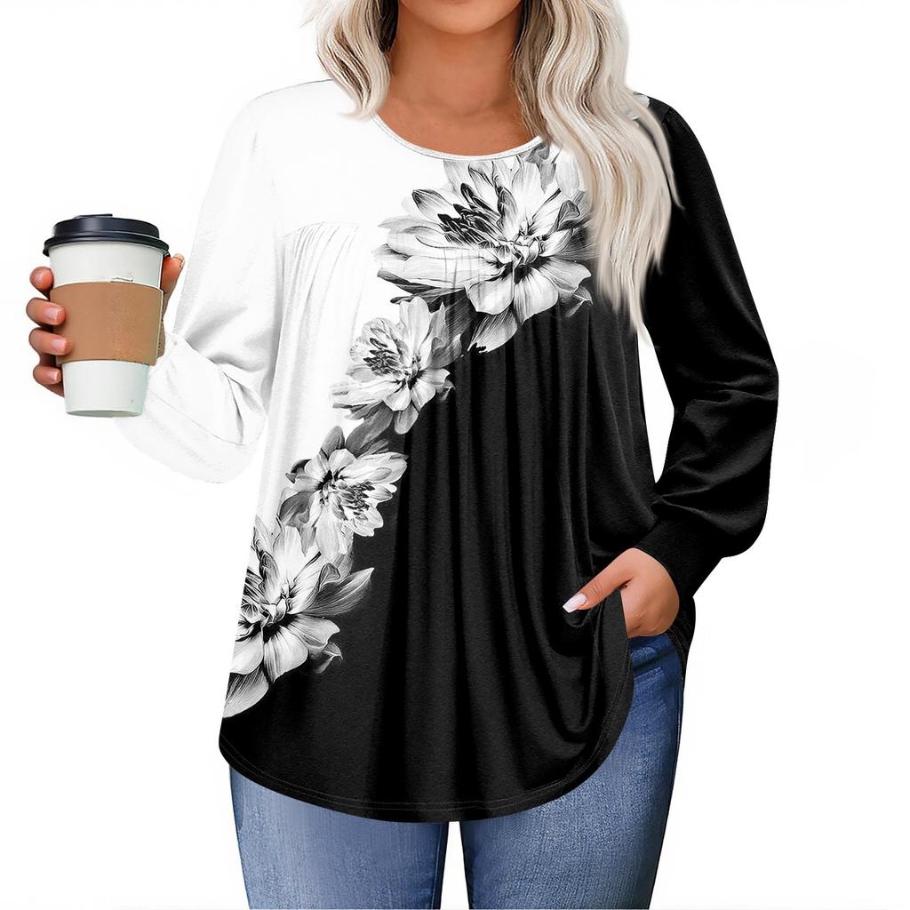 Womens Plus Size Tops Long Sleeve Shirts Round Neck Flowy Tunic Casual Loose Blouse L-5X