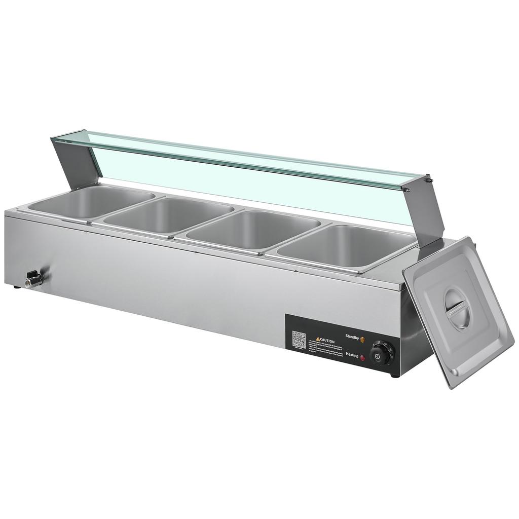 Commercial Food Warmer, 1500W Electric Stainless Steel Steam Food Warmer with Glass Cover, 4-Pan Countertop Buffet Bain Marie with Soup & Perforated