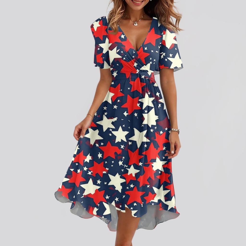 Women's Loose Casual V-Neck Flared Skirt Short Sleeved Printed Dress Printed Dress