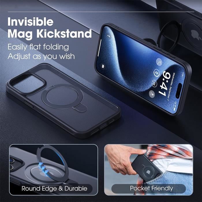 Protective Case - Black - for iPhone 16 Pro Max - Shockproof - Rotating Magnetic Stand - Tempered Glass