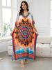 Causal Boho Printed V Neck Plus Size Loose Kaftan House Dress 2024 Women Summer Beach Wear Swim Suit Cover Up Loose Robe Q1594