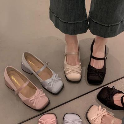 Туфли Мэри Джейн на каблуке с квадратным носком и бантом от французского вечернего ветра, весна-лето 2025, новые однотонные туфли с пряжкой