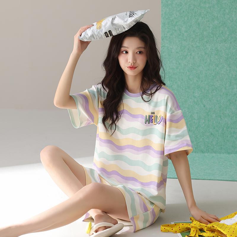 Paibangnu ladies' summer water ripple refreshing and comfortable simple women's pajamas hk